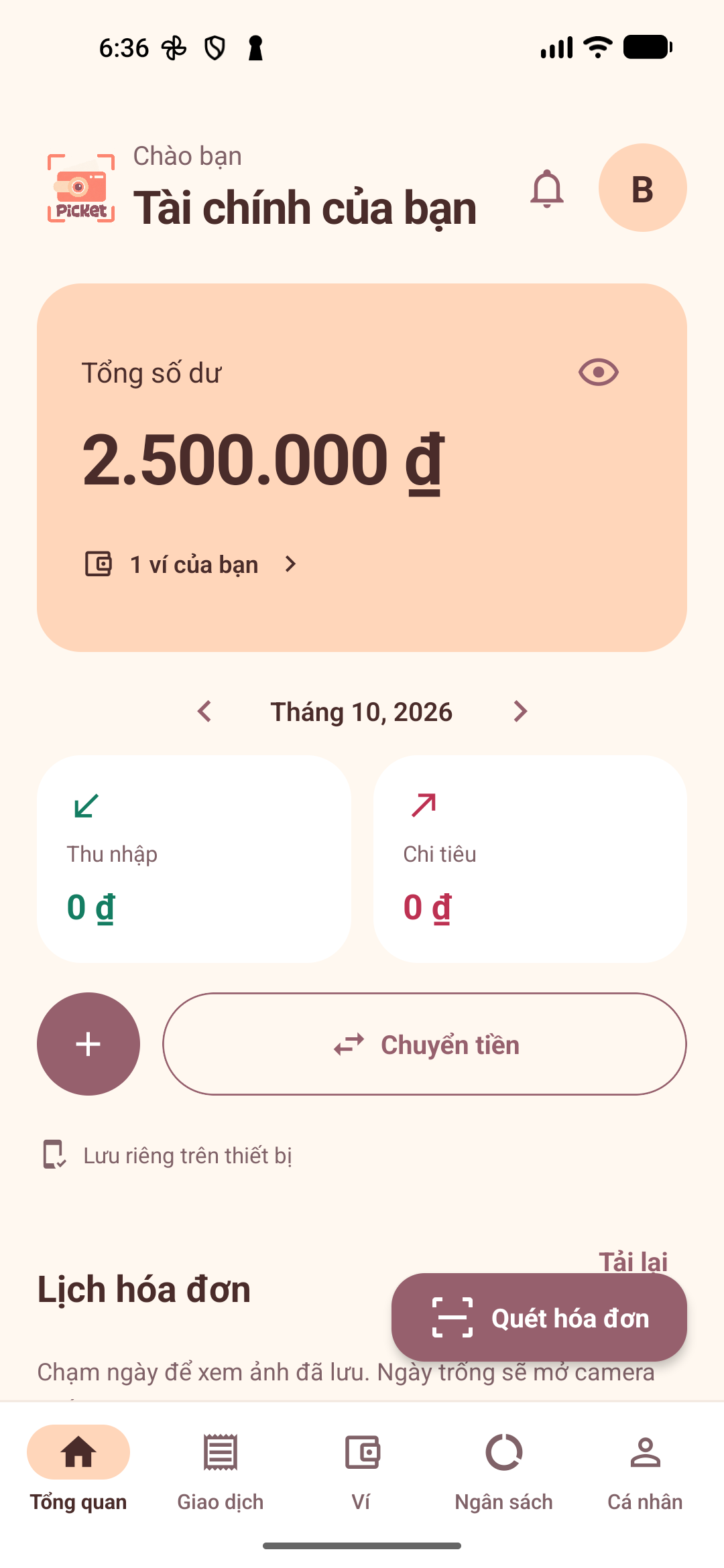 Màn Tổng quan Picket với ví, số dư, thu nhập, chi tiêu và lịch hóa đơn. Dữ liệu minh họa trên thiết bị thử nghiệm.